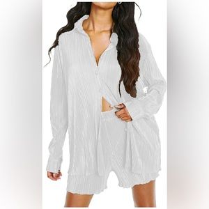 Women 2 Piece Pants Set Oversized Button Down Shirt High Waist Shorts Outfit